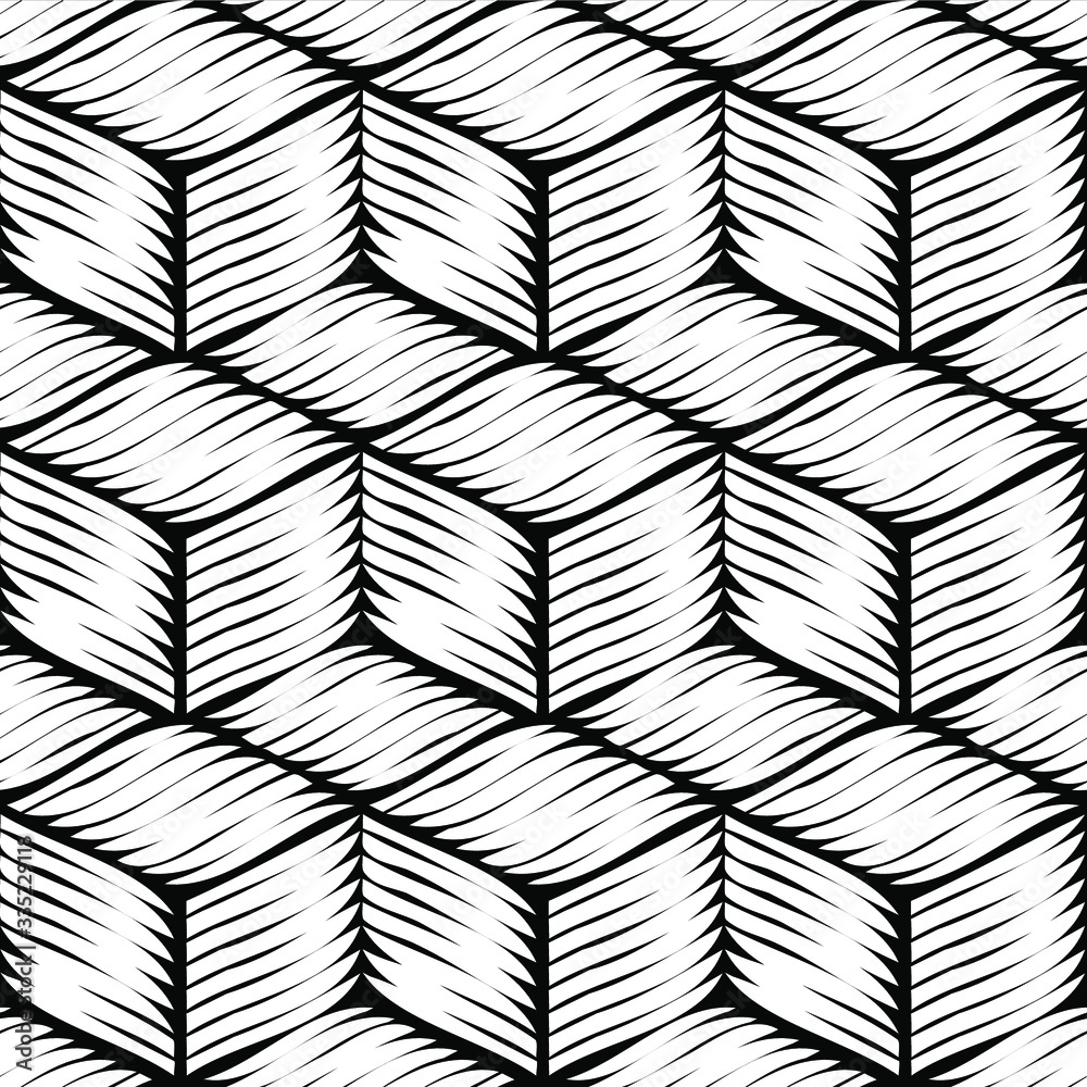 Seamless geometric abstract black and white striped hand drawn cube vector pattern. Gift wrapping paper, interior, cloth, fabric or web design.