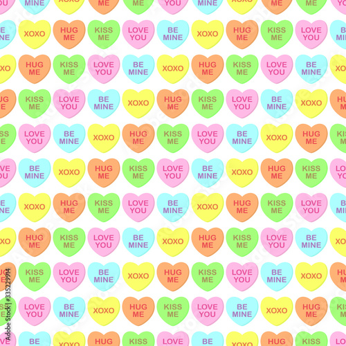 Seamless cute colorful vector valentine pattern with pastel candy hearts with text on white background. Gift wrapping paper, interior, cloth, fabric or web design.