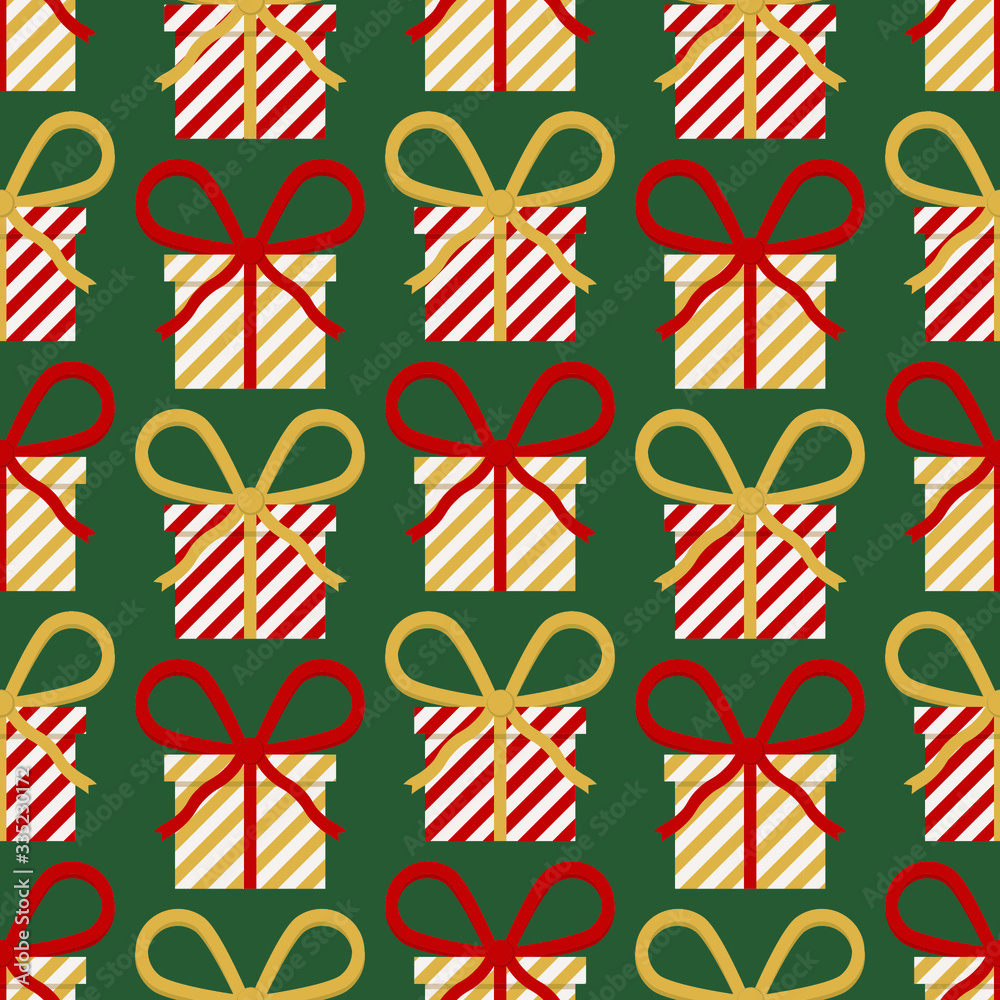 Fototapeta premium Seamless cute retro christmas vector pattern with red and gold striped gifts, presents on dark green background. Gift wrapping paper, interior, cloth, fabric or web design.