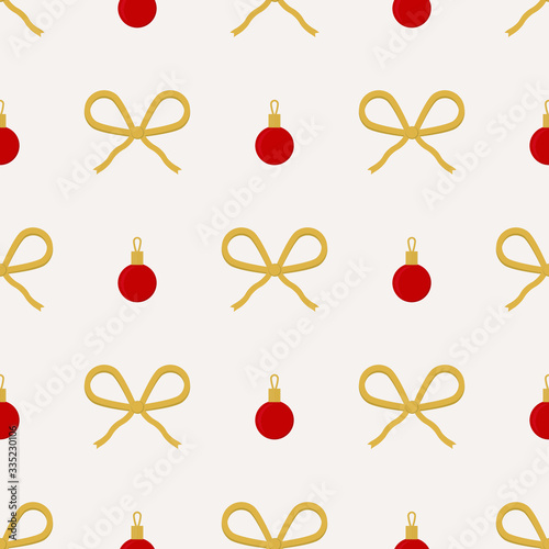 Seamless cute retro christmas vector pattern with red holiday toys and golden ribbons. Gift wrapping paper, interior, cloth, fabric or web design.
