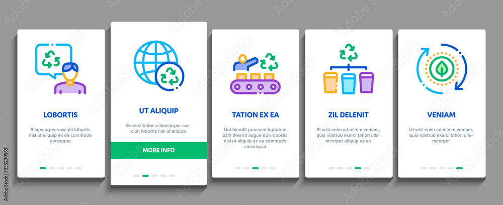 Recycle Factory Ecology Industry Onboarding Mobile App Page Screen Vector. Garbage Truck And Plant, Recycling Rubbish And Trash, Recycle Factory Collection Color Contour Illustrations