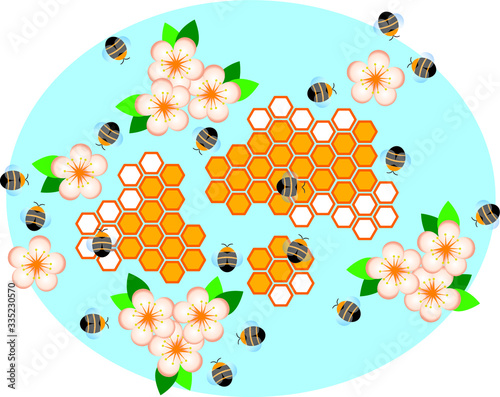 vector illustration, bees collecting nectar, bees filling honeycombs with honey, honeybees on a light blue background