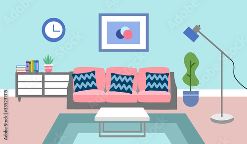 Modern living room with furniture and accessories in flat design. Comfortable interior with sofa  pillows and home decoration vector illustration. Stay at home campaign.