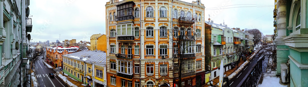 Mykhailivska Street in Kyiv, Ukraine, with historical old buildings