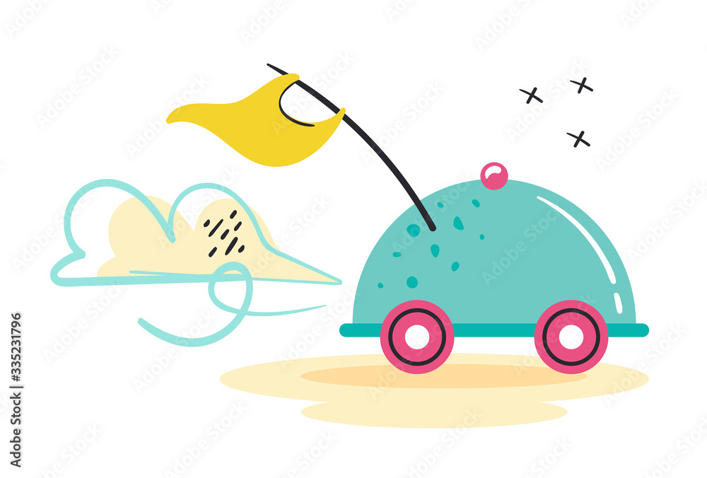 Fast food delivery. Fast shop service. Driving tray with yellow flag. Coronavirus pandemic self isolation, protection. Flat colourful vector illustration, art isolated on white background.