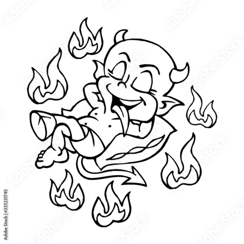 Cute little devil sleeping on pillow surrounded by flames in hell, black and white cartoon