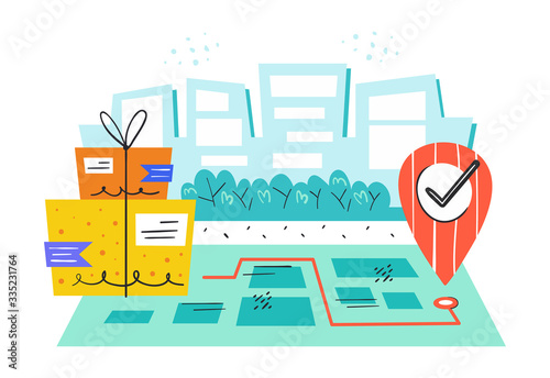 Safe delivery. Mail, box, delivery. Post. Fast service. Geolocation. Coronavirus pandemic self isolation, health care, protection. Flat colourful vector illustration, art isolated on white background.