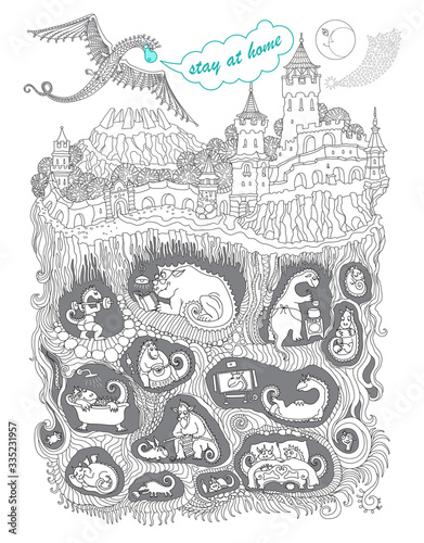 Stay at Home. Quarantine isolation Covid-19 humor concept.Adults coloring book page, tee shirt print, linear illustration. Fairy tale castle, old medieval town,  Dragon beast cave underground nest