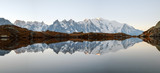 Picturesque panorama of Chesery lake (Lac De Cheserys) and snowy Monte Bianco mountains range on background, Chamonix, France Alps