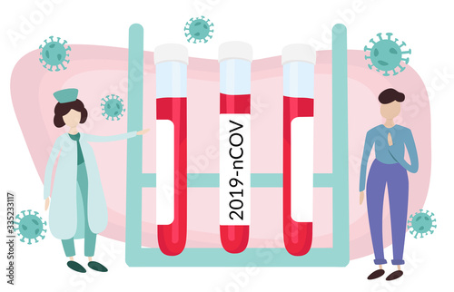 Doctor team or medical health care professionals doing coronavirus 2019 COVID-19 test or vaccine research. Banner, flyer, placard or landing page about self protective measures, treatment prevention.