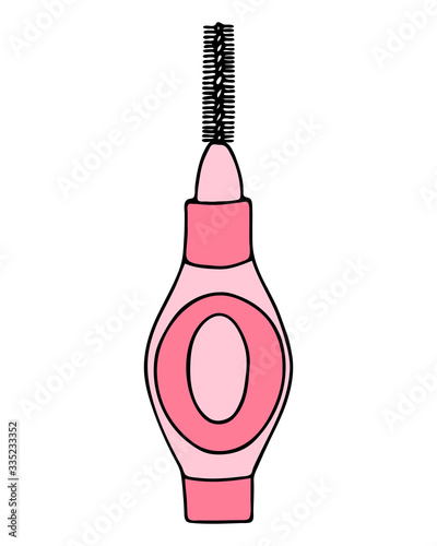 Interdental brush orthodontic braces. Pipe-cleaner dental product personal oral hygiene home in bathroom. Color vector isolated flat doodle realistic drawing with black outline white background icon.