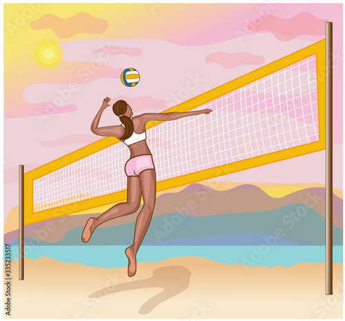 Vector abstract, shape symbol or icon of the beach volleyball event. Woman play voleyball on the beach