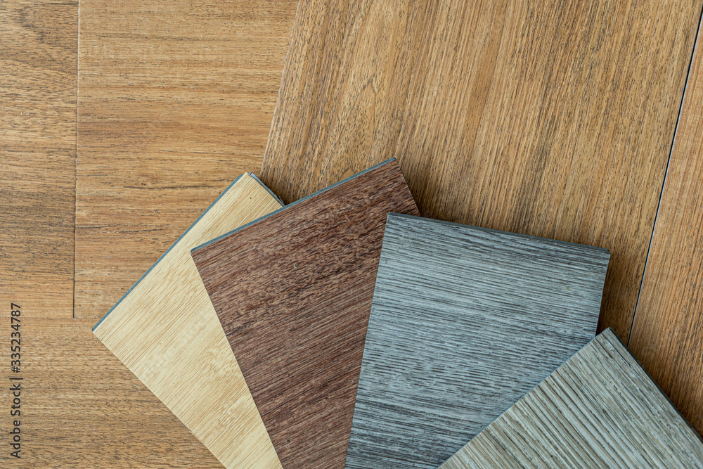 sample stack of sheet vinyl floor type to choose for floor design Stock