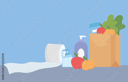 purchase paper bag with fruits food and toilet paper and bottle soap, shopping excess