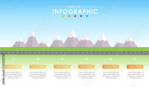 Infographic template for business. 6 Steps Modern Timeline diagram with mountains, presentation vector infographic.