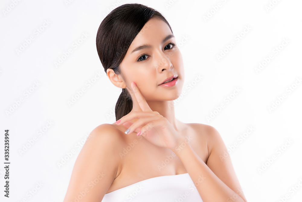 Beautiful Young Asian Woman with Clean Fresh Skin. Face care, Facial treatment, Cosmetology, beauty and healthy skin and cosmetic concept, woman beauty skin isolated on white background Beautiful Young Asian Woman with Clean Fresh Skin. Face care, Facial treatment, Cosmetology, beauty and healthy skin and cosmetic concept, woman beauty skin isolated on white background