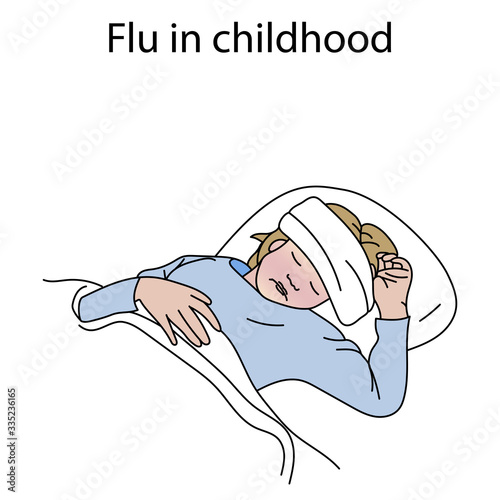 Flu in childhood. Sick girl lying in bed with cold compress on head. Line art, colored vector illustration.