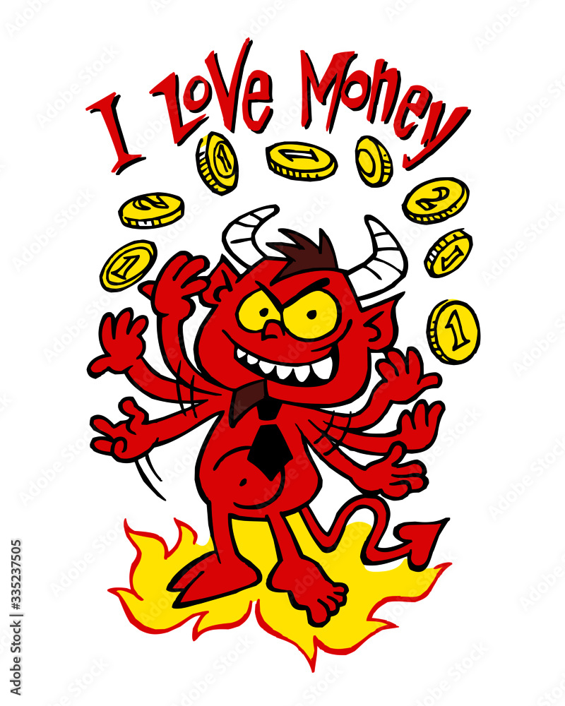 Fototapeta premium Devil businessman with tie juggles with coins, I love money, color cartoon