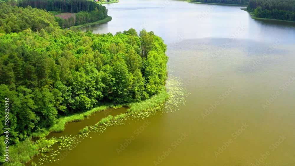 Blooming algae on the lake in summer, aerial view Blooming algae on the lake in summer, aerial view