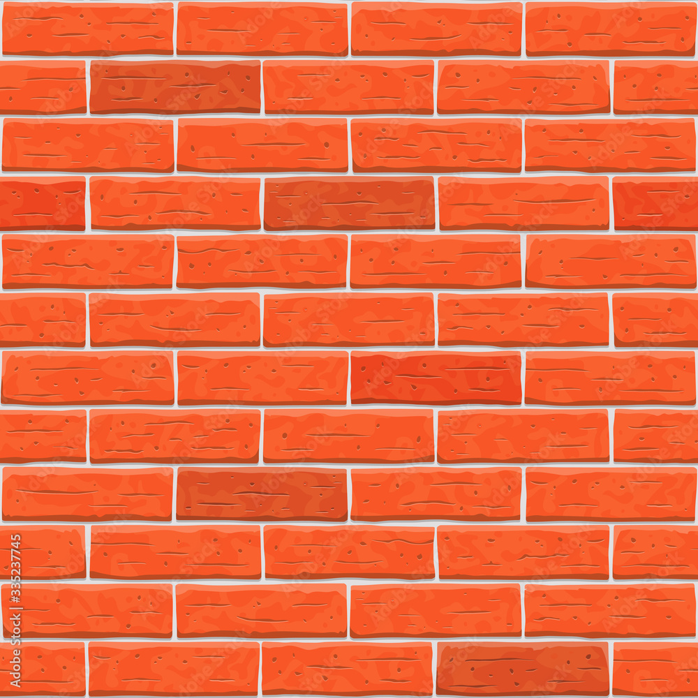 Obraz premium Brick wall seamless pattern background. Texture of red, orange cartoon brick wall vector pattern illustration. Square old seamless brick texture background.