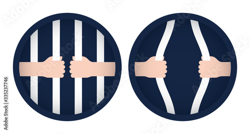 Vector circle symbol jail. Hands holding bars. Jailbreak. Isolated on white background.