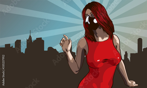About social distance during a pandemic of COVID-19. Woman with medical face mask. City scape on background.