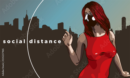 About social distance during a pandemic of COVID-19. Woman with medical face mask. City scape on background.