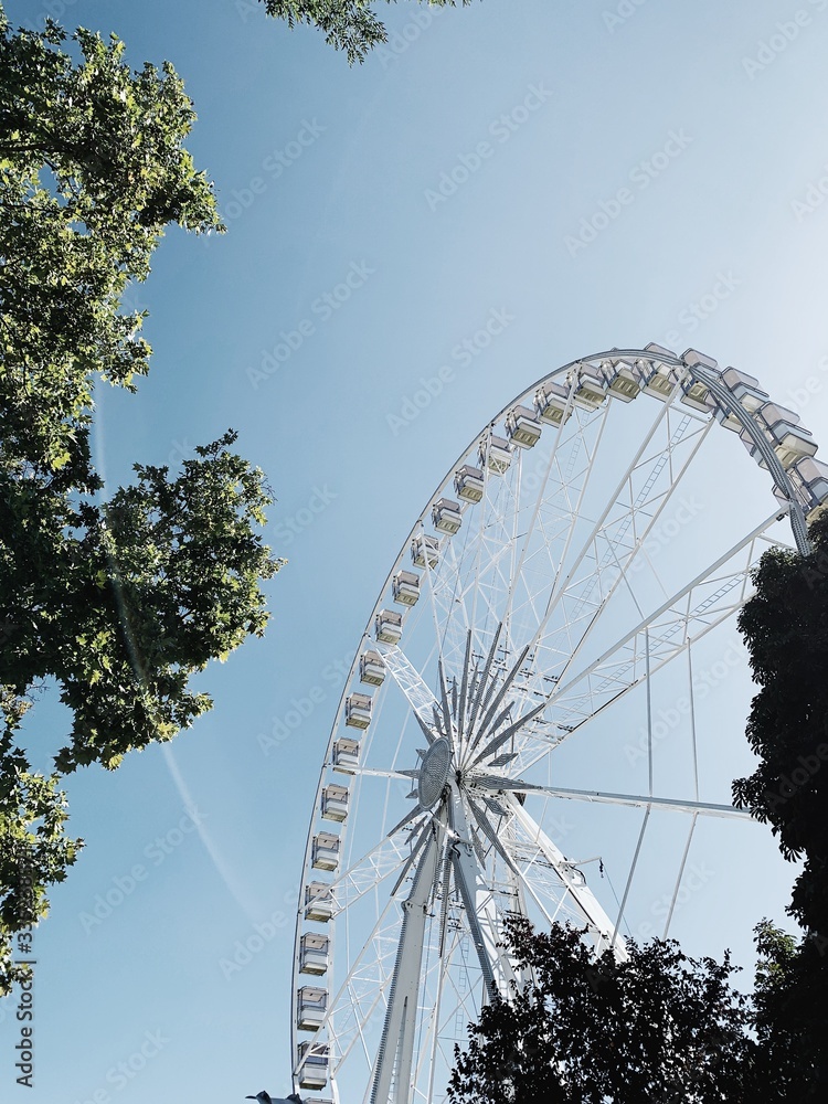 Ferris wheel against blue sky and green trees. Travel freedom concept. Ferris wheel against blue sky and green trees. Travel freedom concept.