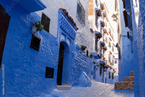Old blue painted street in city of  Chefchaouen,Morocco.