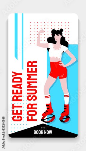 Get ready for summer advertisement story template. Girl in sport outfit and kangoo jump boots posing with her bicep curled. Bounce shoes for HIIT training, cardio fitness and weight loss workout.