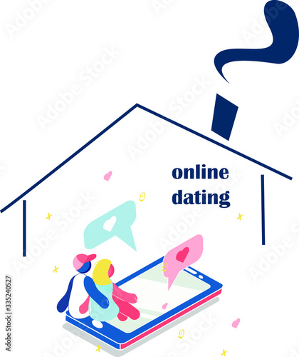Online datting .Stay at home. Coronavirus or Covid-19 quarantine. Poster. Online communication via the Internet.Online date during quarantine and self-isolation. Couple holding  on the phone 3d