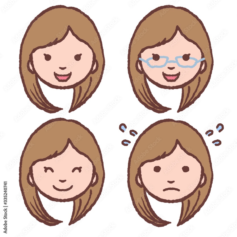 女性の表情イラストセット[シーンを選ばず使いやすい顔アイコン]