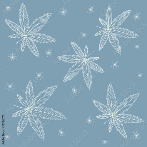pattern with falling hemp leaves with a white outline on a blue background, vector illustration