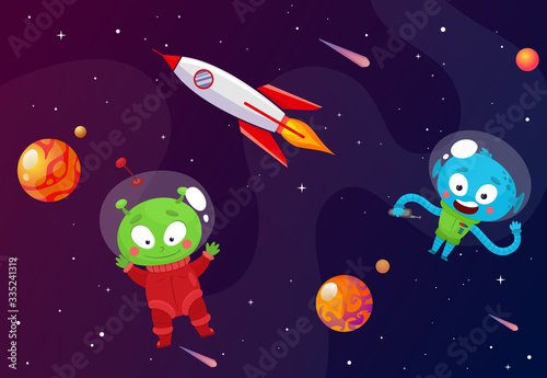 Funny aliens in outer space. Vector illustration in flat style.