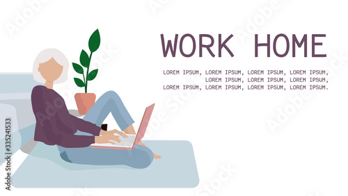 vector illustration. girl works at home at a laptop. sitting on a carpet near the sofa. you can use the graphics for the site.