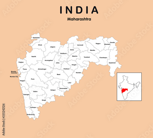 Maharashtra map with outline colour. Maharashtra map without colour. Maharashtra map 2019. all districts in Maharashtra. photo
