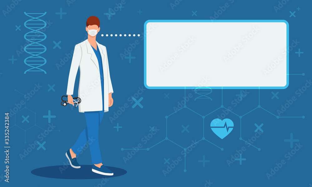 A doctor with a stethoscope in hand gives a consultation. Blue background. Stock illustration.