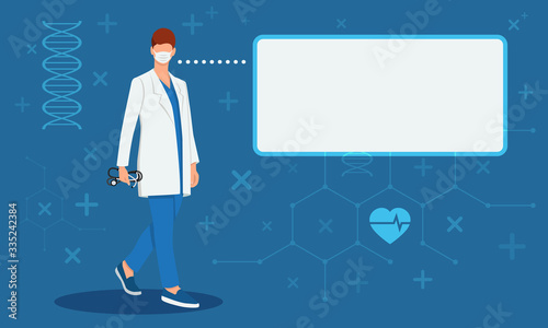A doctor with a stethoscope in hand gives a consultation. Blue background. Stock illustration.