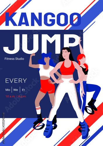 Kangoo jump zumba and latina class advertisement poster template. Females in sport outfit and bounce shoes doing knee up jump, jumping jacks exercises. Cardio fitness and weight loss, HIIT training.
