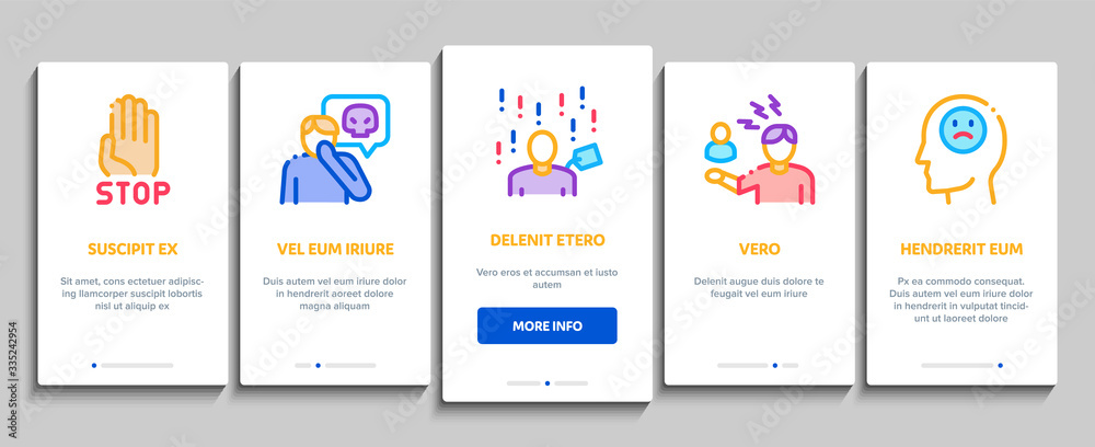 Bullying Aggression Onboarding Mobile App Page Screen Vector. Internet Bullying And Name-calling, Beating And Showing Indecent Gesture Color Contour Illustrations