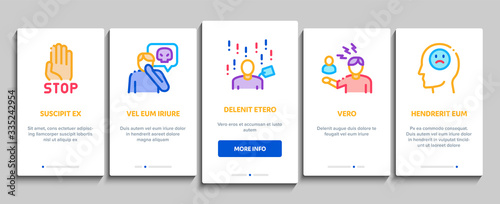 Bullying Aggression Onboarding Mobile App Page Screen Vector. Internet Bullying And Name-calling, Beating And Showing Indecent Gesture Color Contour Illustrations