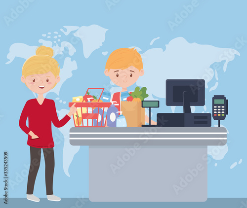 seller and woman in payment point with basket food excess purchase