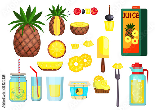 Pineapple set illustration. Pineappe, cocktails and fresh juice on white bacground. Food concept. illustration can be used for topics like beach, resort, vacation photo