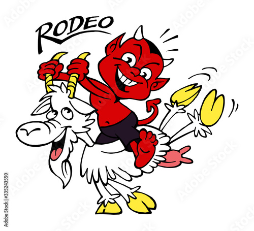 Devil holds goat by the horns and rodeo rides, color cartoon photo