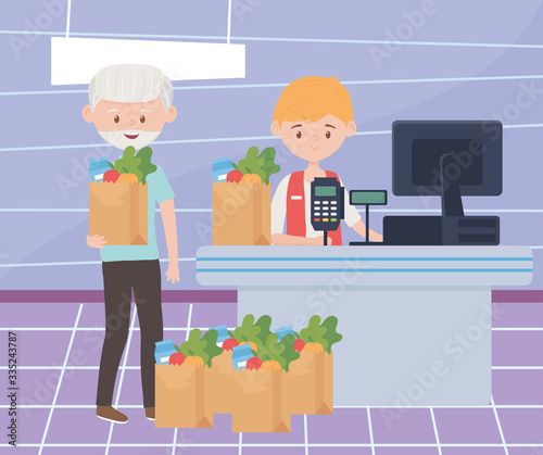 old man with many grocery paper bags waiting pay in cash register excess purchase