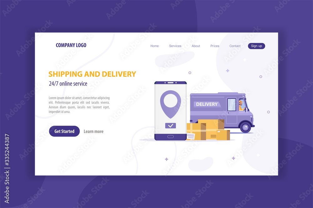 Delivery services web site template. 24/7 online order parcel and food services concept for some companies working in world quarantine covid-19. Vector illustration of purple flat web banner with van.