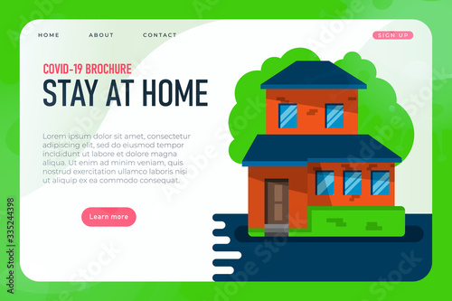 a plea stay at home during a pandemic of coronavirus covid 19. flat modern home, vector landing page template