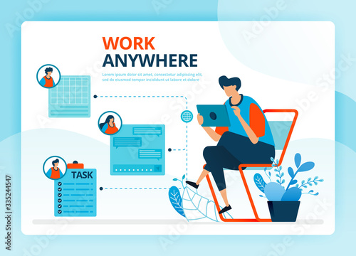 Vector illustration for work anywhere and freelance jobs. Human vector cartoon characters. Design for landing pages, web, website, web page, mobile apps, banner, flyer, brochure, poster