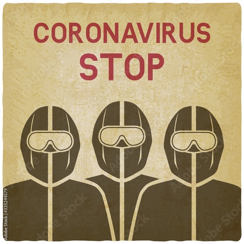 Doctors in protective suits on vintage background