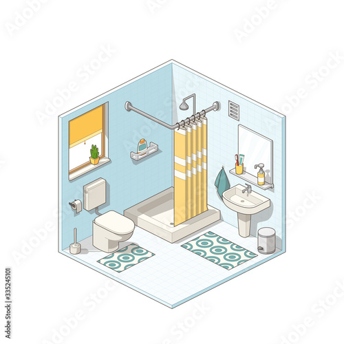 Isometric bathroom with furniture. Vector illustration with separate layers.